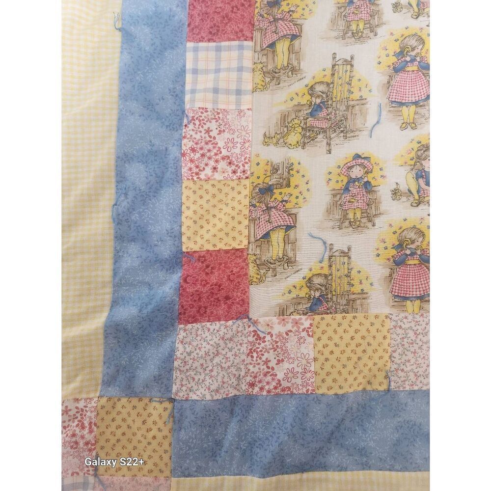 Baby toddler blanket quilt made with vintage fabric- little girl on the telephon